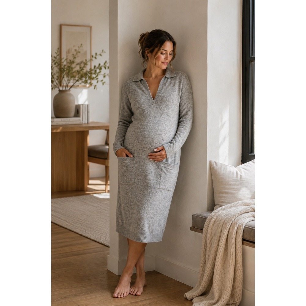 HATCH The Polo Knit Dress Pearl Grey Melange Wool Blend Maternity Midi L 3‎